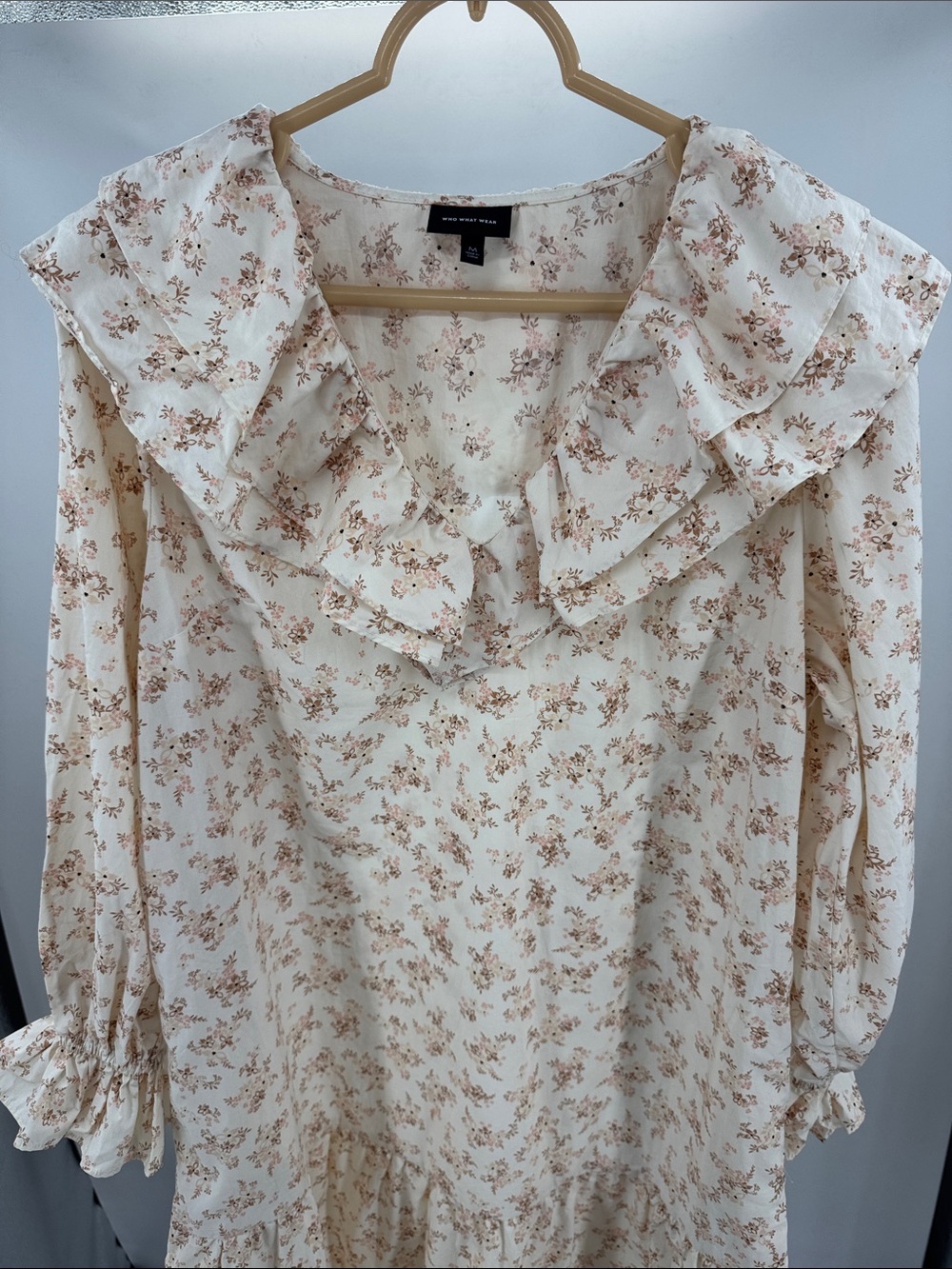 Who What Wear Cream Floral Ruffle Midi Dress cottage coquette M neutral boho - Picture 3 of 12